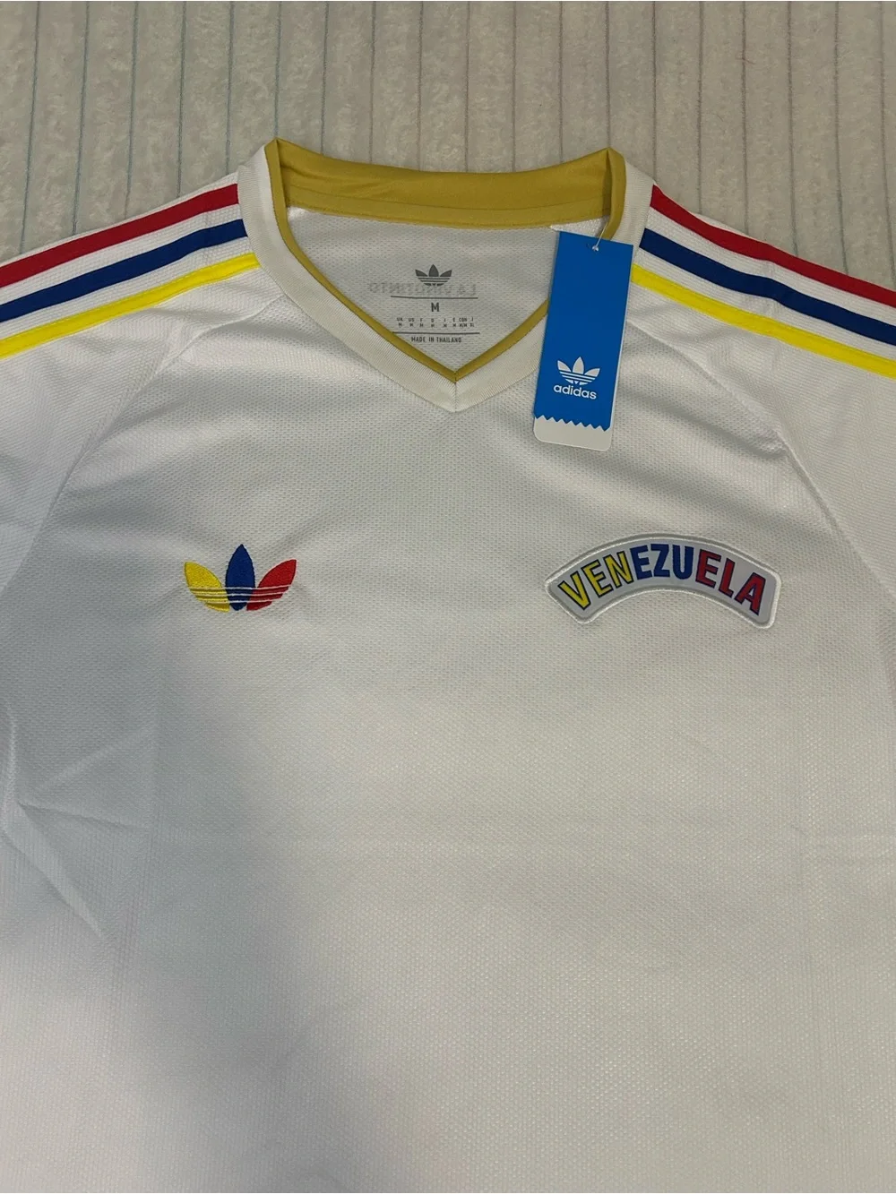 adidas White Venezuela Tee with Red, Blue & Yellow Stripes